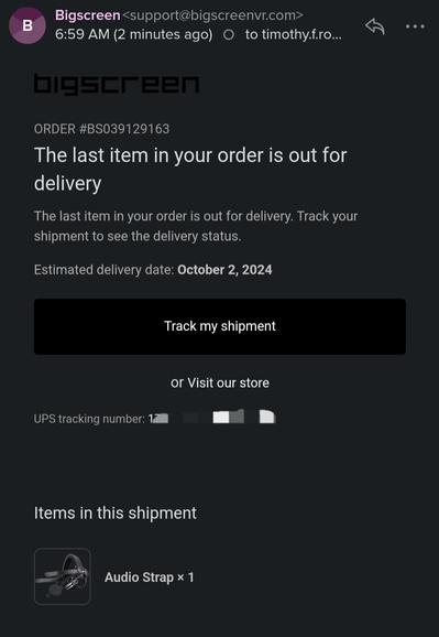 Email showing audio strap for the bigscreen vr headset being delivered
