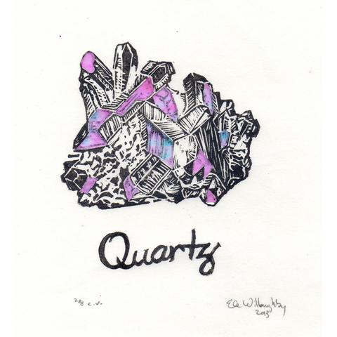 My mini linocut with quartz crystals and word “Quartz” in script in slate grey. Some of the facets of the crystals are printed onto collaged iridescent translucent paper so they have a pink to pale blue sheen.