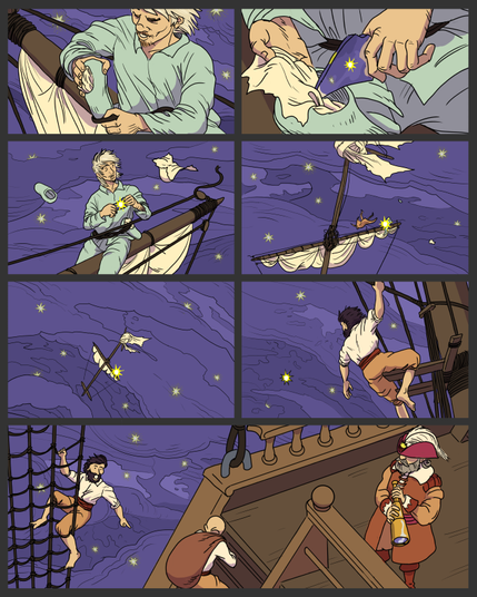 panel 1: Lemuel pulls a shoe stuffed with sailcloth from where it is tied around his waist.
panel 2: Lemuel unbundles the cloth and pulls a piece of curved mirror from the shoe.
panel 3: He lets the shoe and the cloth drift away in space, looks off into the distance as he angle the mirror to reflect the light of the sun or the stars.
panel 4: a wider view, showing the top half of the drifting mast, tiny figures of Lemuel and Denumar, and a bright flash coming from the mirror.
panel 5: wider view still. The whole mast is small in the distance, but the flash is bright.
panel 6: a sailor at work on a mast sees the flashing light far away.
panel 7: the sailor has climbed up to deck height, points toward the light and calls out to an officer with a telescope.