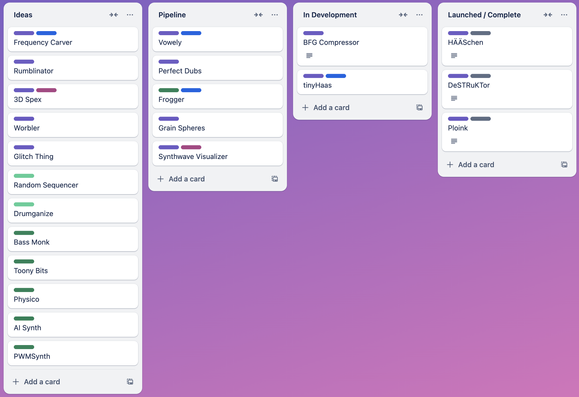 Trello board with lots of audio plugin ideas - synths, audio effects, visual effects and so on.