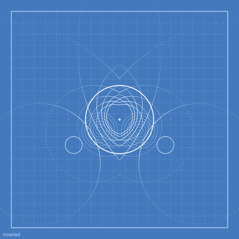 A circle with multiple inverted circles coming from it reflected over the y-axis. The image is white on a blueprint design.