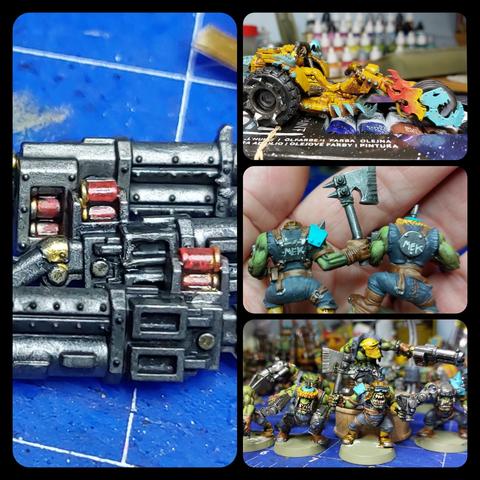 Collage of 4, 1 left, 3 right 

Left: three Ork shotguns with red coloured shells tiny scale

Right top: Ork trike with flaming skull around the front wheels, dirtied up with burnt siena

Right centre: two Ork boyz with 'MEK' written on their back plates

Right bottom: six ork boyz in some state of competition. One has a leather flying helmet with goggles and is looking pretty badass
