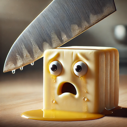 Ein Stück Butter mit einem erschrockenen Gesicht und geschmolzenen Tränen, über dem ein großes, tropfendes Messer schwebt.