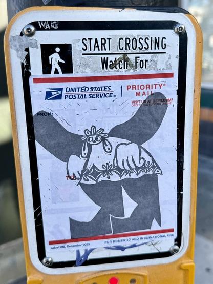 A black and white relief print on a USPS priority mail sticker. It is an illustration of a person with a very small head and large hands and body. The person has big eyes, looking off to the side. They are wearing a dress and high heels. The art style is minimal and not traditionally what you'd expect to see on a graffiti slap.