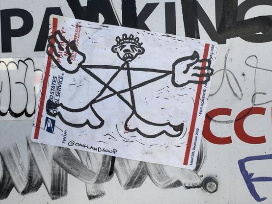 A black and white relief print on a USPS priority mail sticker. It is an illustration of a pentagram with hands, feet, and a head on each of the tips of the star. "@oaklandsoup" is written by hand on the bottom of the sticker.