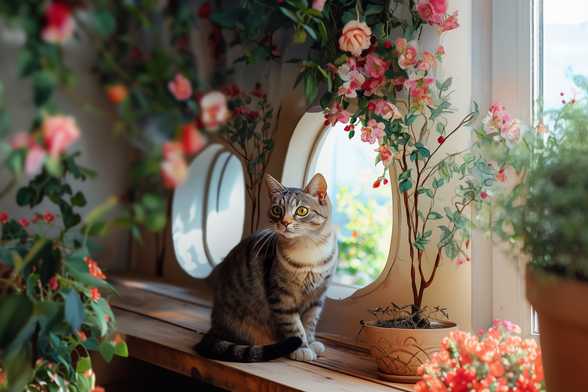 Plant room in natural sunlight with plants in pots, mostly roses. A tabby cat, looking intently to the left, sits on a potting bench by two small round windows and one larger rectangular one.