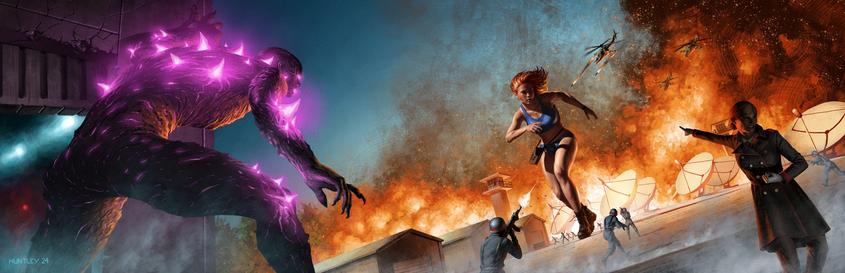 Digital painting of giant woman rescuing prisoners from an enemy military base with a huge explosion in the background while being shot at by soldiers and helicopters giant monster emerging from hangar with purple glowing spikes enemy commander screaming orders