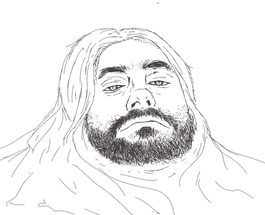 The face of a reclining bearded man with long hair that appears to wrap around his face and become amorphous 

Done with single pixel lines in black and white