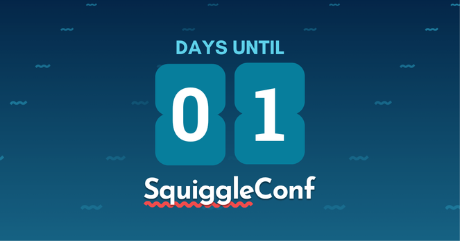 - Image: Countdown to SquiggleConf, 1 days remaining
- Description: A vibrant and dynamic image highlighting a 1-day countdown to SquiggleConf. The design features bold text with the number "1" front and center, surrounded by squiggles with a blue gradient background.