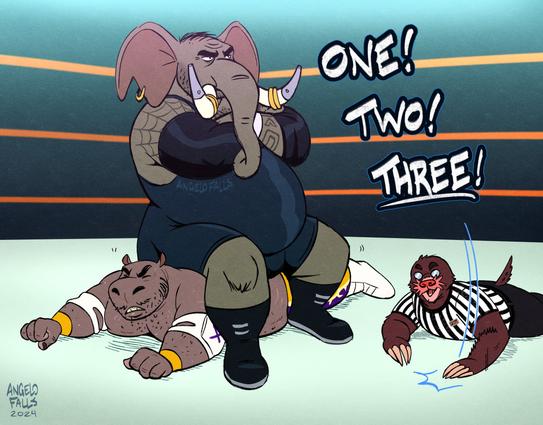A drawing of Tungsten Tusks (a heavy set male anthro Elephant) sitting on top of Sergio Ramirez (a male anthro Hippo) while the referee (a star nose mole) is on the floor of the ring starting the pinfall count. "One! Two! Three!" in big bold letters  

Signed, AngeloFalls