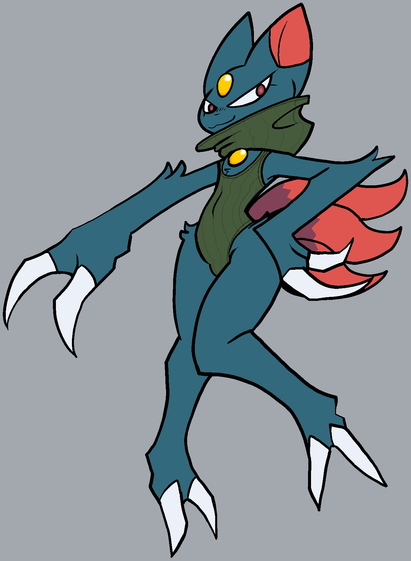A more anthropomorphic Sneasel, wearing a green leotard with a large collar, striking a fruity pose