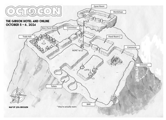 This is an illustrated map of the convention spaces and rooms of the Gibson Hotel done in fantasy form. The map looks like it’s taken from the side of a mountain and throughout the map you can find dragons nesting and rope representing stairs. The map is in grey-scale along with the Octocon logo on the top left corner.