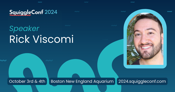 This is an event announcement image featuring Rick Viscomi, a speaker at SquiggleConf 2024. The design showcases her name and photo against a blue background with wave-like graphics, creating a visually engaging look. The event details, including the dates (October 3rd & 4th), venue (Boston New England Aquarium), and conference website ([2024.squiggleconf.com](http://2024.squiggleconf.com/)), are displayed prominently at the bottom.