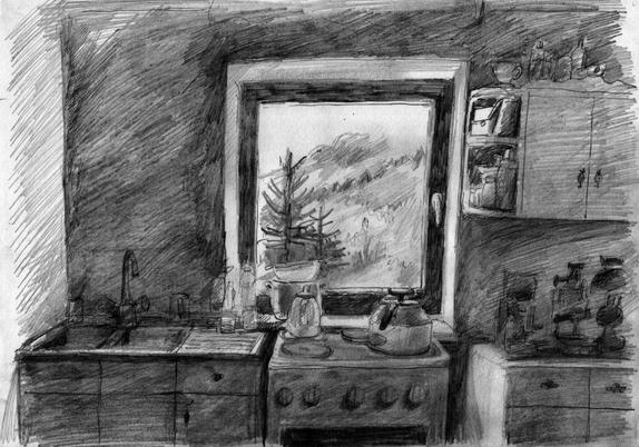Interior view of a kitchen. Landscape in front of a window.