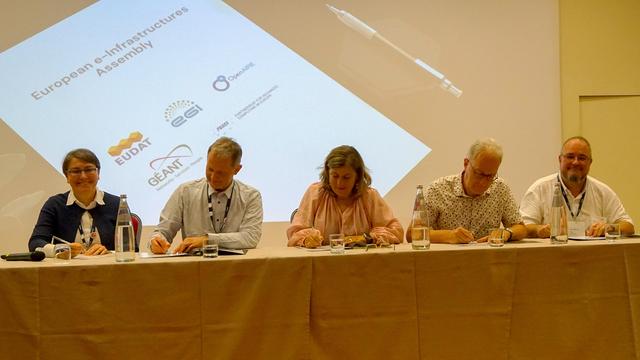 European e-Infrastructures Assembly launch at EGI2024 in Lecce.
 
From left to right:
Tiziana Ferrari, Director of the EGI Foundation.
Serge Bogaerts, Managing Director of PRACE aisbl.
Natalia Manola, OpenAIRE CEO.
Erik Huizer, GÉANT CEO.
Yann Le Franc, EUDAT Head of the Secretariat.