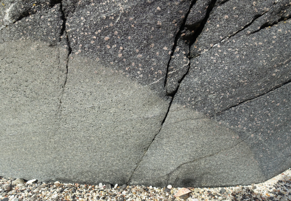 About 40cm height of a clean rock face in contact with coarse shelly/pebbly sand on a beach. The rock is pale greenish grey to the bottom and left, and black, pink and white to the top and right, with the boundary sloping from top left to bottom right.