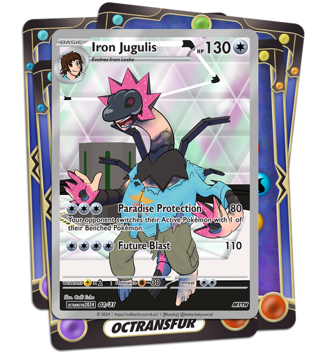 A custom Pokémon Trading Card Game card. Leebe hovers ominously in the Paradise Protection lab under Area Zero. One way of protecting its paradise is by turning any intruders into native Paradox Pokémon! Leebe's neck has stretched and arms have begin detaching as he transforms into an Iron Jugulis!