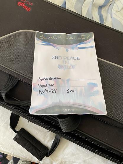 A printed paper certificate reading “Black Valley - 3rd Place in Wild”, which has been completed in marker pen with “Squishedscreen - Slipstream - 14/7-24”. It has suffered extensive water damage, causing the printer ink to smear through the paper to produce blue and magenta patterns.