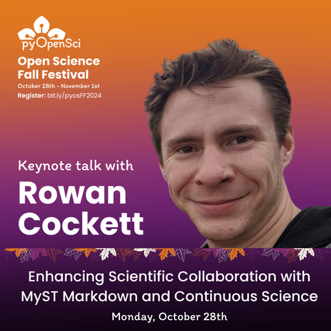 pyOpenSci Open Science Fall Festival. October 28th-November 1st. Register: bit.ly/pyosFF2024. Keynote talk with Rowan Cockett. Enhancing Scientific Collaboration with MyST Markdown and Continuous Science. Monday, October 28th.