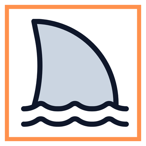 cartoon shark fin with waves on a white background, surrounded by an orange box