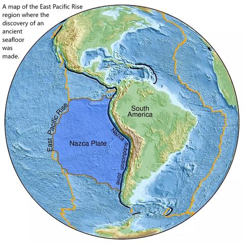 A map of the East Pacific Rise region where the discovery of an ancient seafloor was made.