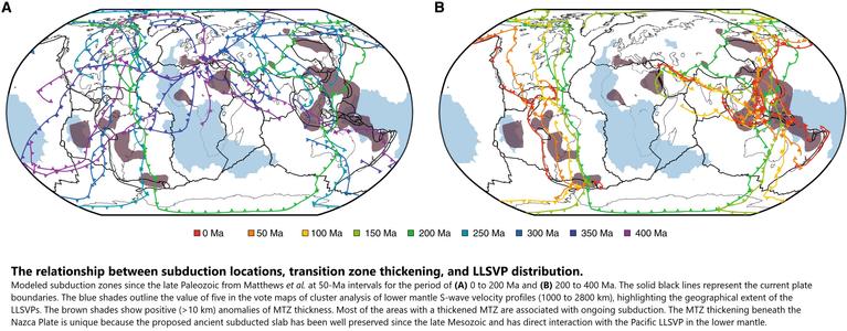 maps - The relationship between subduction locations, transition zone thickening, and LLSVP distribution