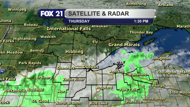 The satellite and radar over the Northland at 1:30 p.m. on Thursday, October 3, 2024, shows clouds over the southern half of the region.  A sprinkle is possible in spots, but nearly all should remain dry.  The northern half of the region is seeing clear skies.