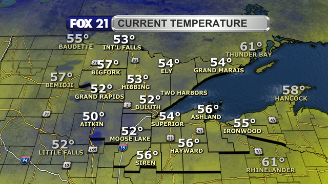 Temperatures across the Northland just before 1:30 p.m. on October 3, 2024, range from 50 to 57 degrees.