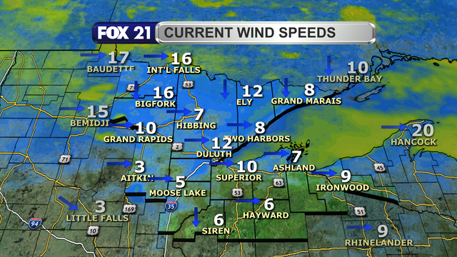 Wind speeds in the Northland just before 1:30 p.m. on October 3, 2024, range from 3 to 16 mph.  Wind direction is primarily from the west.