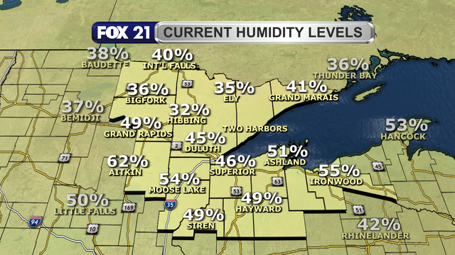 Relative humidity levels in the Northland just before 1:30 p.m. on October 3, 2024, range from 32 to 62 percent.