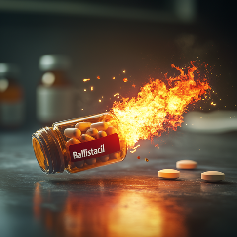 A pill bottle labeled "Ballistacil" is propelled by flames, flying above a table.