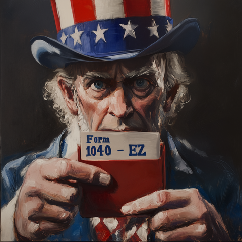 The image depicts a stern-looking Uncle Sam character, recognizable by his iconic red, white, and blue top hat adorned with white stars. He is holding up a booklet labeled "Form 1040-EZ" in front of him, with his piercing blue eyes staring directly at the viewer. The style of the artwork has a painted, textured appearance, giving the image a dramatic and intense feel, with deep shadows accentuating the seriousness of the character. The overall mood suggests an authoritative or urgent message about tax filing.