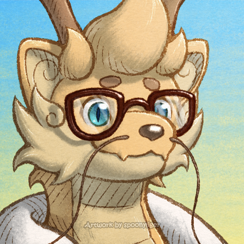Digitally-handmade portrait artwork of a cream-colored dragon original character facing forward towards the right side of the image at a 3/4 angle with a smiling facial expression, on a blue-to-yellow gradient background.