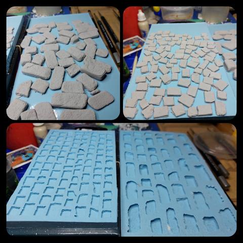Collage of three pics.

Top left: 40-odd slabs of massive dressed rock for miniature building

Top right: 90 odd flagstones for paving fantasy scenery with

Bottom: the moulds these beauties came from