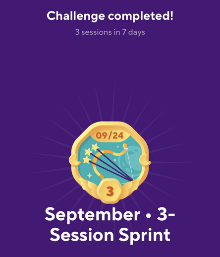 Screenshot from Drops. Against a purple background is a badge featuring a picture of a bow with three arrows with “09/24” at the top and “3” at the bottom. Above the badge is the caption “Challenge Completed! 3 lessons in 7 days” and below the badge is the caption “September- 3-session sprint”