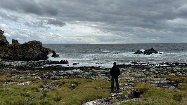 A person stands on rocky terrain overlooking a turbulent sea under a cloudy sky. Grass and scattered rocks are visible in the foreground, with waves crashing against distant rocks in the water.