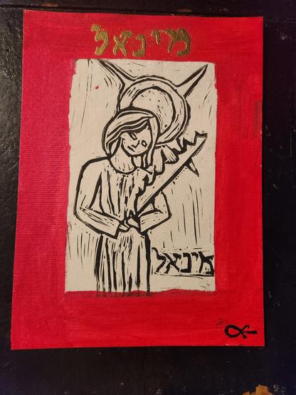A linograph print of Archangel Michael on a red border.