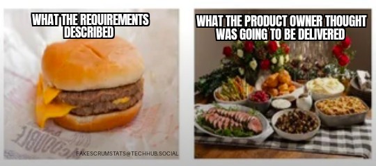 Photo of a fast food double cheeseburger with the caption "What the requirements described".

Photo of a delicious looking multi-course dinner with the caption "What the product owner thought was going to be delivered"