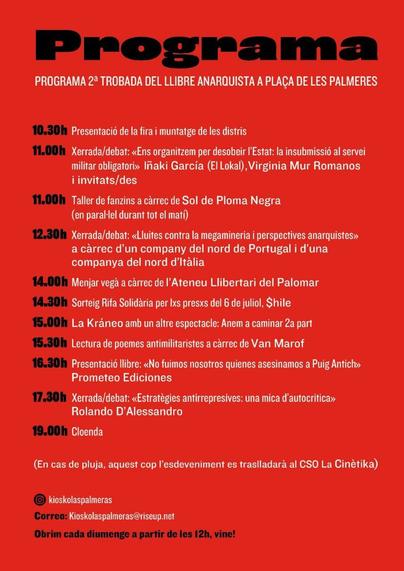 Programa de la segona trobada del llibre anarquista a plaça de les palmeres