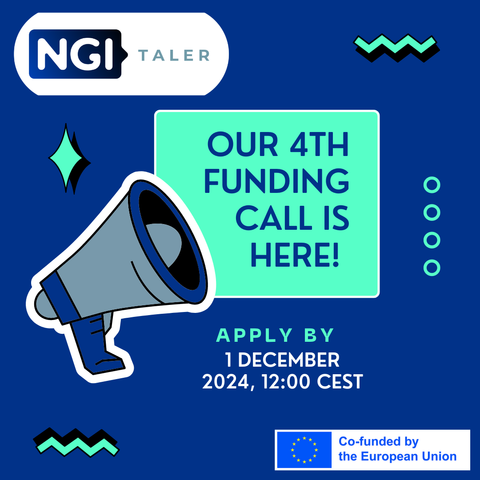 A bright blue promotional graphic featuring a large megaphone and text announcing NGI TALER’s 4th funding call. The text says: 'OUR 4TH FUNDING CALL IS HERE!' with the instruction 'Apply by 1 December 2024, 12:00 CEST.' The NGI Taler logo is displayed at the top left. The graphic is accented with geometric shapes and patterns in black, green, and blue. At the bottom right, there is a European Union flag with the text 'Co-funded by the European Union