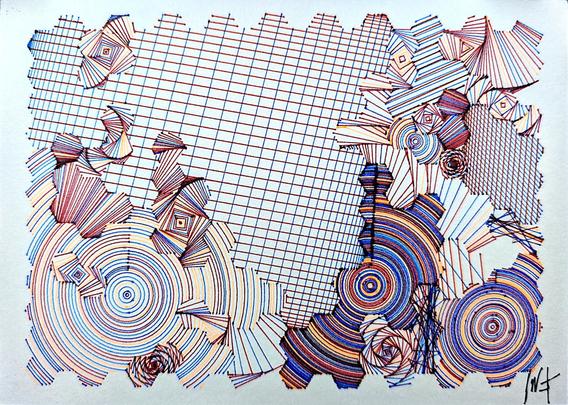 A deeply intricate pen plotter piece inspired by wave function collapse. Its dynamic, sweeping lines and swirling intersections echo the chaos of a mind struggling in the storm. The layers of lines symbolize descent, revealing the intricate, uncontrollable patterns of thought, emotion, and the universe. The artwork's abstract nature allows the viewer to feel the intensity of forces beyond control, blending physical and mental states into one visual narrative.