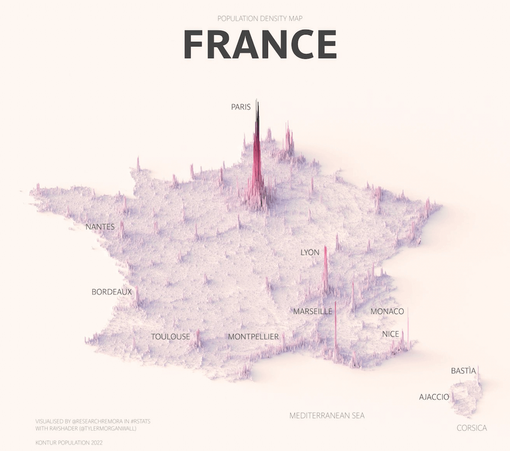 A population density spike map of France showing highest population as higher peaks across a 3D landscape.