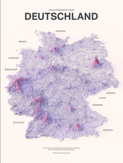 A population density spike map of Germany showing highest population as higher peaks across a 3D landscape.