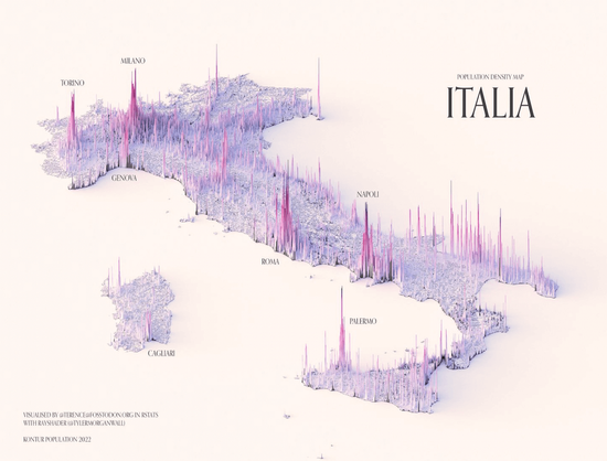 A population density spike map of Italy showing highest population as higher peaks across a 3D landscape.
