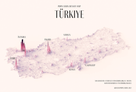 A population density spike map of Turkey showing highest population as higher peaks across a 3D landscape.