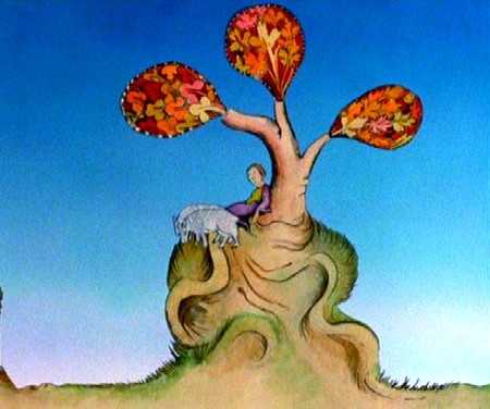 Color image of still from the movie, Monty Python and the Search for the Holy Grail. Image shows a Medieval depiction of a shepherd sleeping under a tree, the three boughs of which have leaves that have all turned shades of orange, red, brown, and yellow, ready for fall.