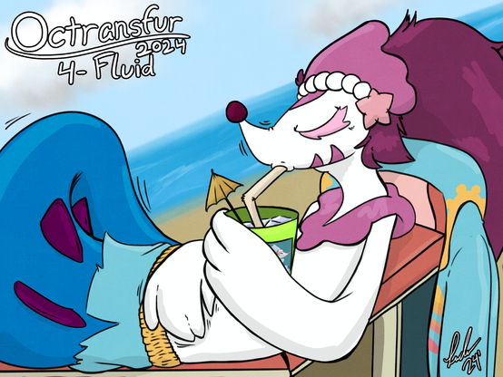 A digital drawing of Vee lounging on a chair at the beach. He is mostly transformed into a Primarina. His new mermaid-like tail shaking as it finishes stretching from his ripped swim trunks. He is drinking from a large cup filled with ice and liquid. The cup has a image of a Primarina on it, implied to be the cause of his transformation.