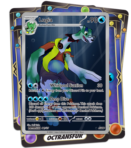 A custom Pokémon Trading Card Game card. Alm swims underwater with sunlight streaming down. His clothes tear away, his fur melts, and the Lugia underneath is revealed!