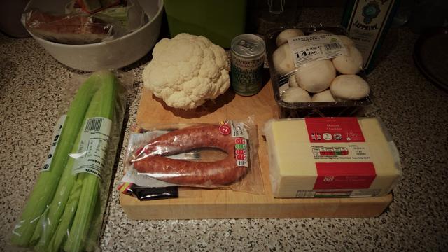 #TheMakings of a #GinAndTonic with #TheIngredients for a #ReallyNice #CauliflowerCheese, with #Chorizo (from the #ActualSpain)