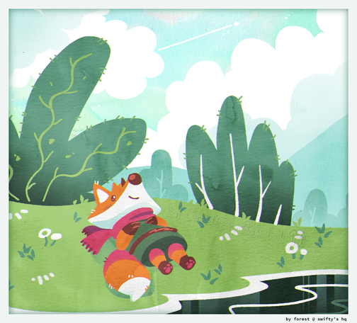 a lineless, faux-watercolor piece. an orange fox in a green tunic and pink scarf lays back comfortably, looking up at the clouds. there are stylized trees and shrubbery behind and around them. water laps at the shore below them.